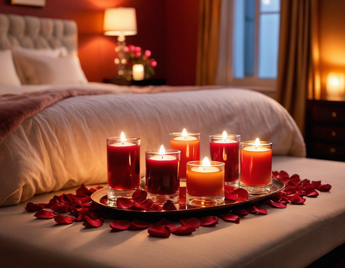 A sensual and intimate scene featuring a beautifully arranged display of ten unique sexual enhancers in elegant glass containers, surrounded by soft candlelight and rose petals. The background is a luxurious bedroom setting with plush textures and deep, rich colors to evoke warmth and desire. A hint of playful intrigue with silhouettes of lovers in the distance, embodying connection and passion. soft focus. warm lighting. super-realistic. vibrant colors.