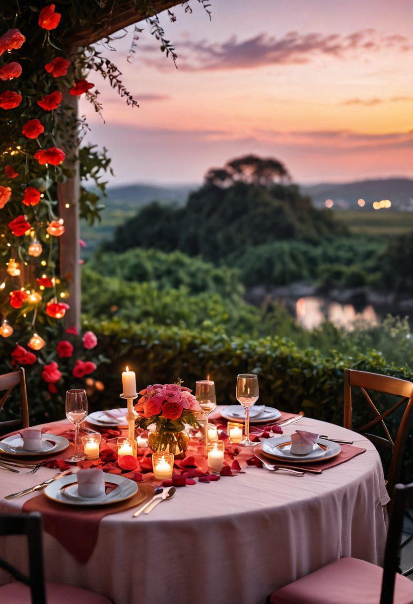 A romantic setting featuring a cozy candlelit dinner with supplements displayed elegantly on the table. Soft tones of reds and pinks create an intimate atmosphere, while twinkling fairy lights add a magical touch. Subtle hints of nature like rose petals and lush greenery are present, symbolizing growth in intimacy. The background features a dreamy sunset sky to evoke warmth and connection. super-realistic. vibrant colors. soft focus.