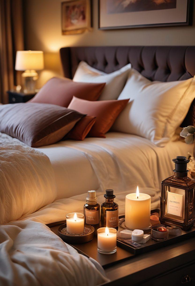 A dreamy, romantic bedroom setting featuring soft, warm lighting, elegant candles, and luxurious bed linens. On a stylish bedside table, display several essential products like natural oils, intimate games, and mood-setting accessories. Include a couple gazing lovingly at each other, evoking intimacy and connection. The atmosphere should feel inviting and passionate. super-realistic. warm colors. soft focus.